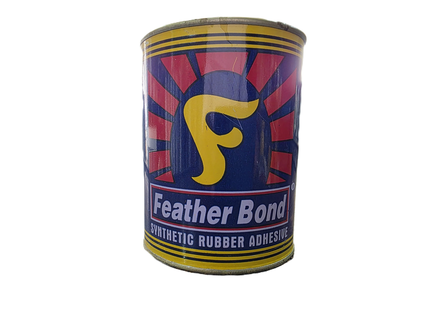Can of Feather Bond synthetic rubber adhesive with colorful label on a white background