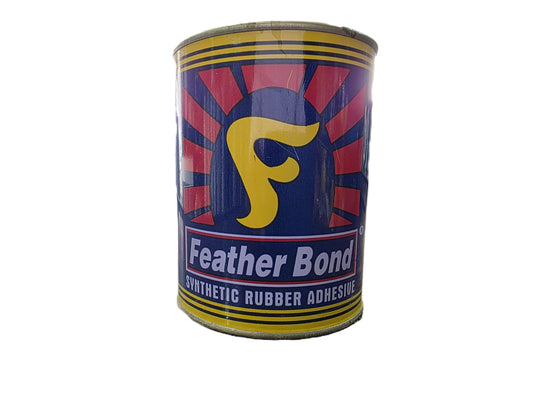 Can of Feather Bond synthetic rubber adhesive with colorful label on a white background
