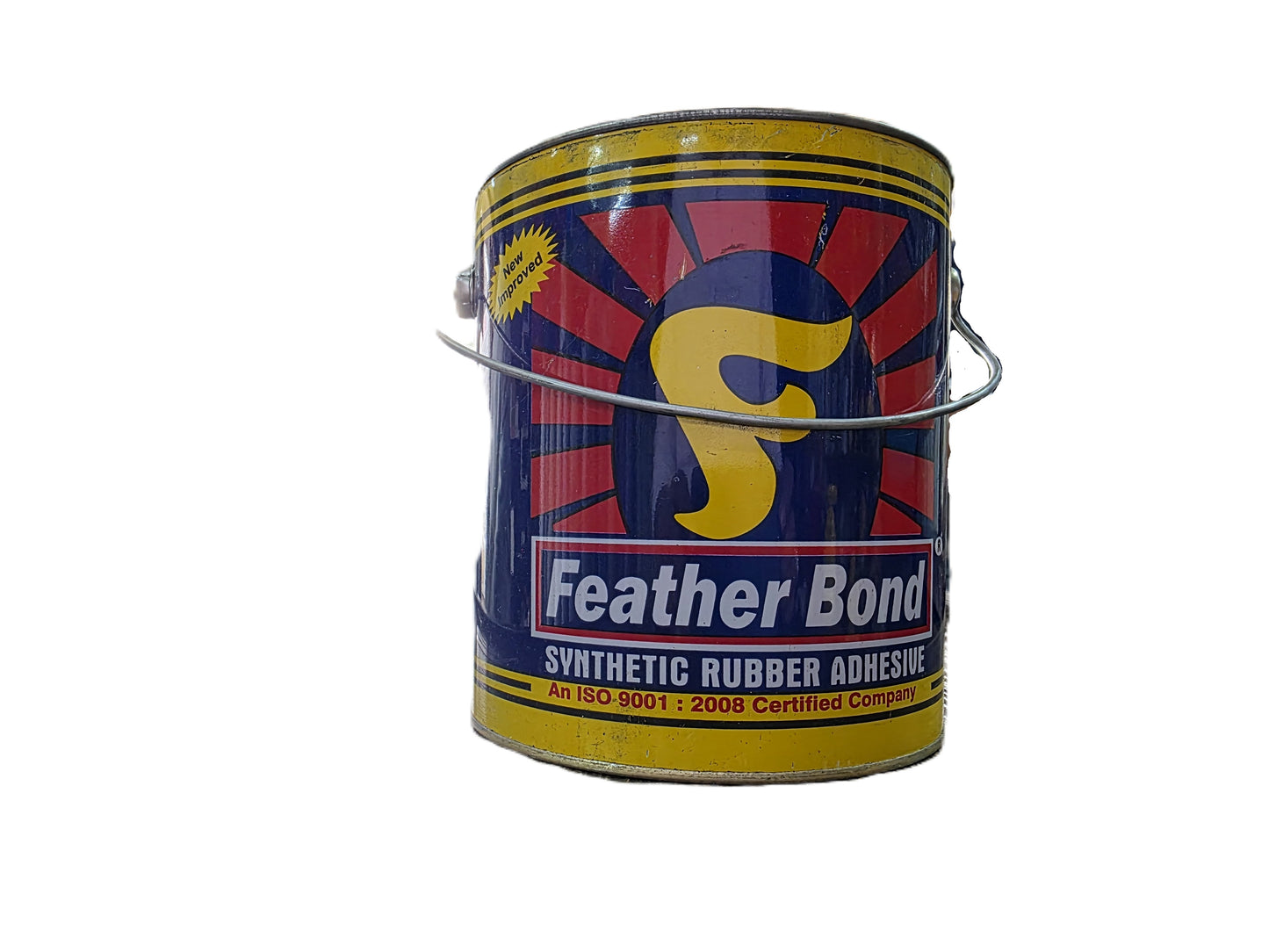 Feather Bond synthetic rubber adhesive can on a white background